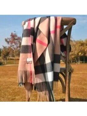 2/$30 New Cashmere Blend Plaid Shawl Wrap With Fringe Camel Red Black